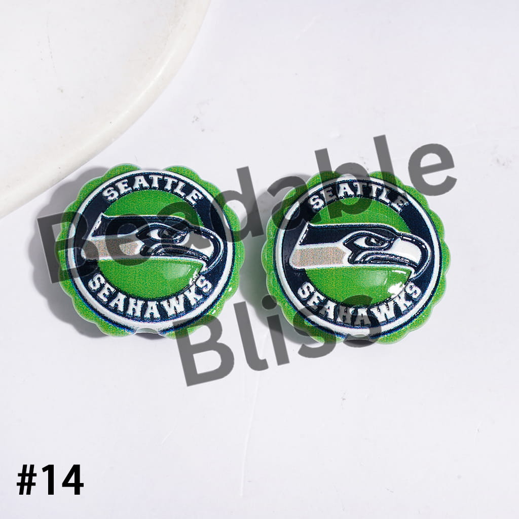 American Football Team Series Acrylic Beads, Round Shaped with Wavy Border, 23*25MM (Update Other Styles Later)