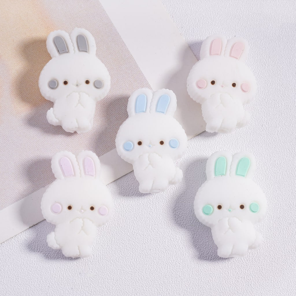Cute Adorable White Bunny with Colors Ears Silicone Focal Beads