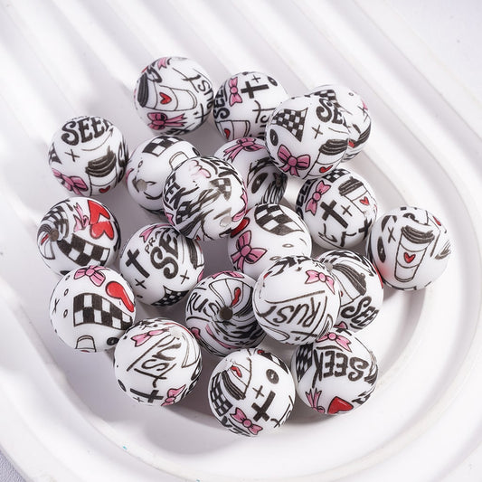 Bowtie Cross Coffee Heart Prints, with Text "PRAY & FAITH & SEEK", Soft Round Printed Silicone Beads