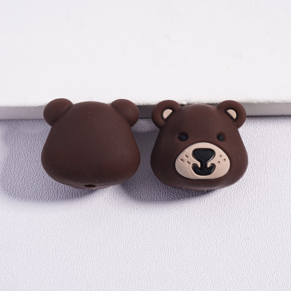 Silicone Focal Beads 3D Smiling Bear Face Head in Various Colors