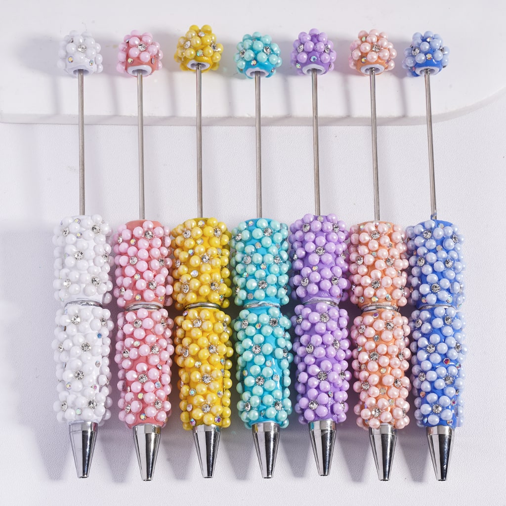 Floral Beadable Clay Pen with Multi-Color Clear AB Rhinestones & Pearls Compose Flower Random Mix