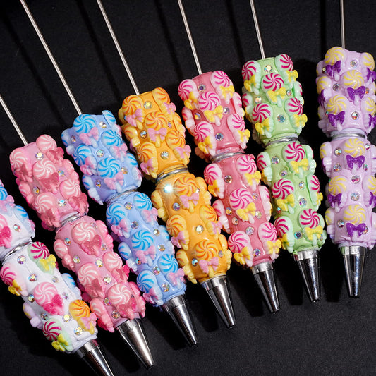 Colorful Peppermint Swirl Candy with Mini Bow & Sparkling AB Rhinestones Clay Beadable Pens, Multi-Color