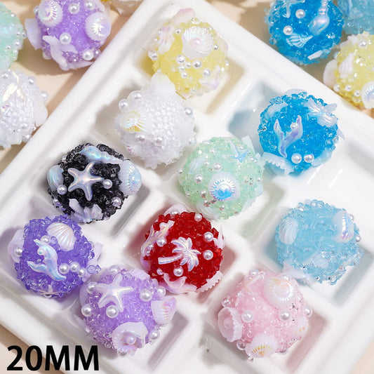 UV Coated Seashells, Starfish & Coral with White Pearls, Multi-Color Sugar Acrylic Beads Random Mix