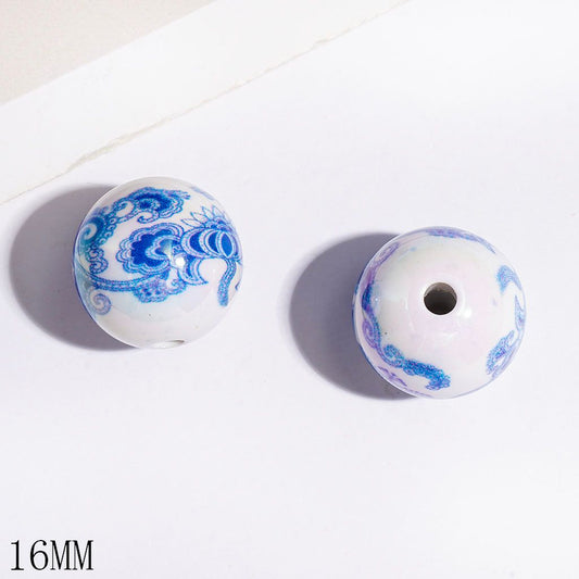 UV Coated Chinese Porcelain Style Blue Lotus Pattern Round Acrylic Beads, Blue & White, 16MM, Random Mix