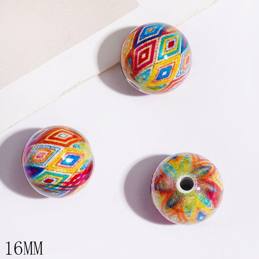 UV Coated Ethnic Style Traditional Diamond Pattern Colorful Round Acrylic Beads,16MM, Random Mix