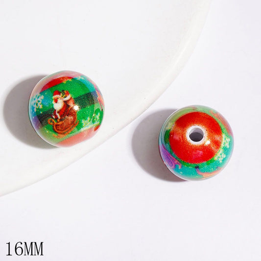 UV Coated Festive Christmas Santa Claus, Reindeer & Snowflake Printed Round Acrylic Beads, 16MM, Random Mix