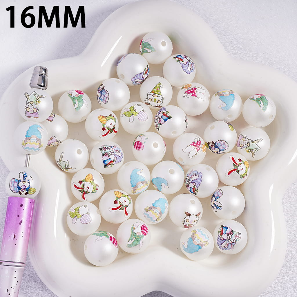 Cute Gnome Holding Colorful Egg Easter Series, Print Round Acrylic Beads for Bracelets 16MM, Random Mix