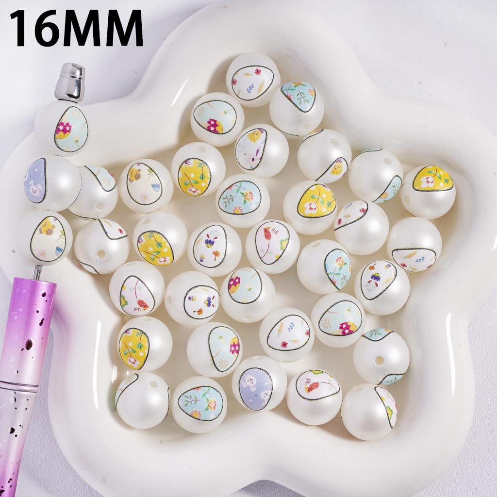 Colorful Egg Easter Theme Print Round Acrylic Beads for Bracelets 16MM, Random Mix