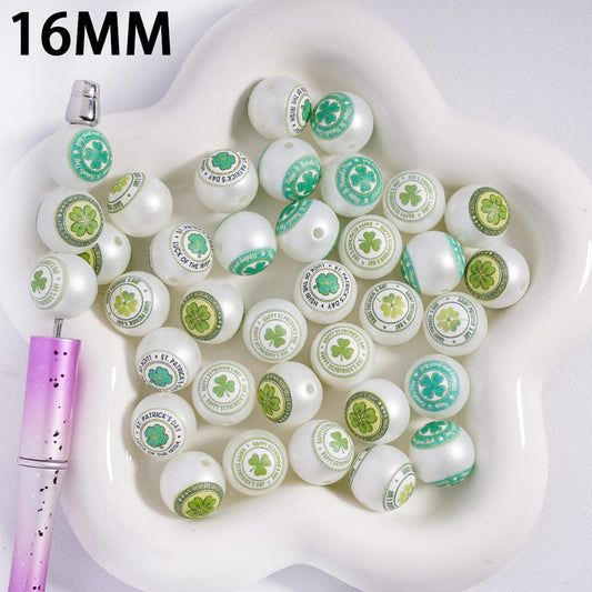 Four Leaf Clovers Saint Patrick's Day Theme Print Acrylic Beads for Bracelets 16MM, Random Mix