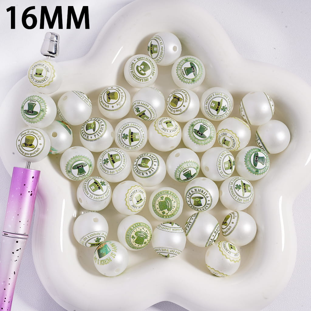 Green Top-Hat St. Patrick's Day Theme Print Round Acrylic Beads for Bracelets 16MM, Random Mix