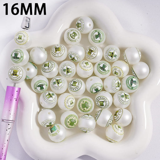 Green Top-Hat St. Patrick's Day Theme Print Round Acrylic Beads for Bracelets 16MM, Random Mix
