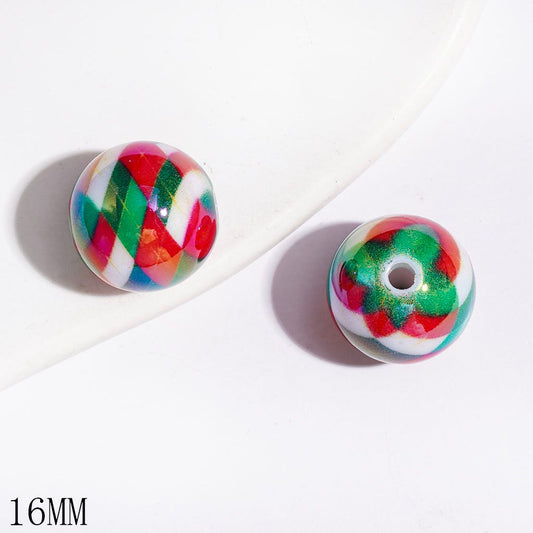 UV Coated Christmas Plaid Pattern Red Green White Print Round Acrylic Beads, 16MM, Random Mix