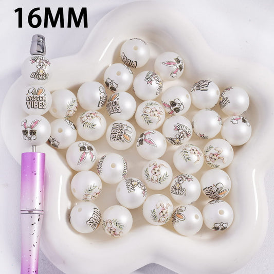 Round White Acrylic Beads with Text "Easter Vibes and Sunny Bunny" 16mm, Random Mix