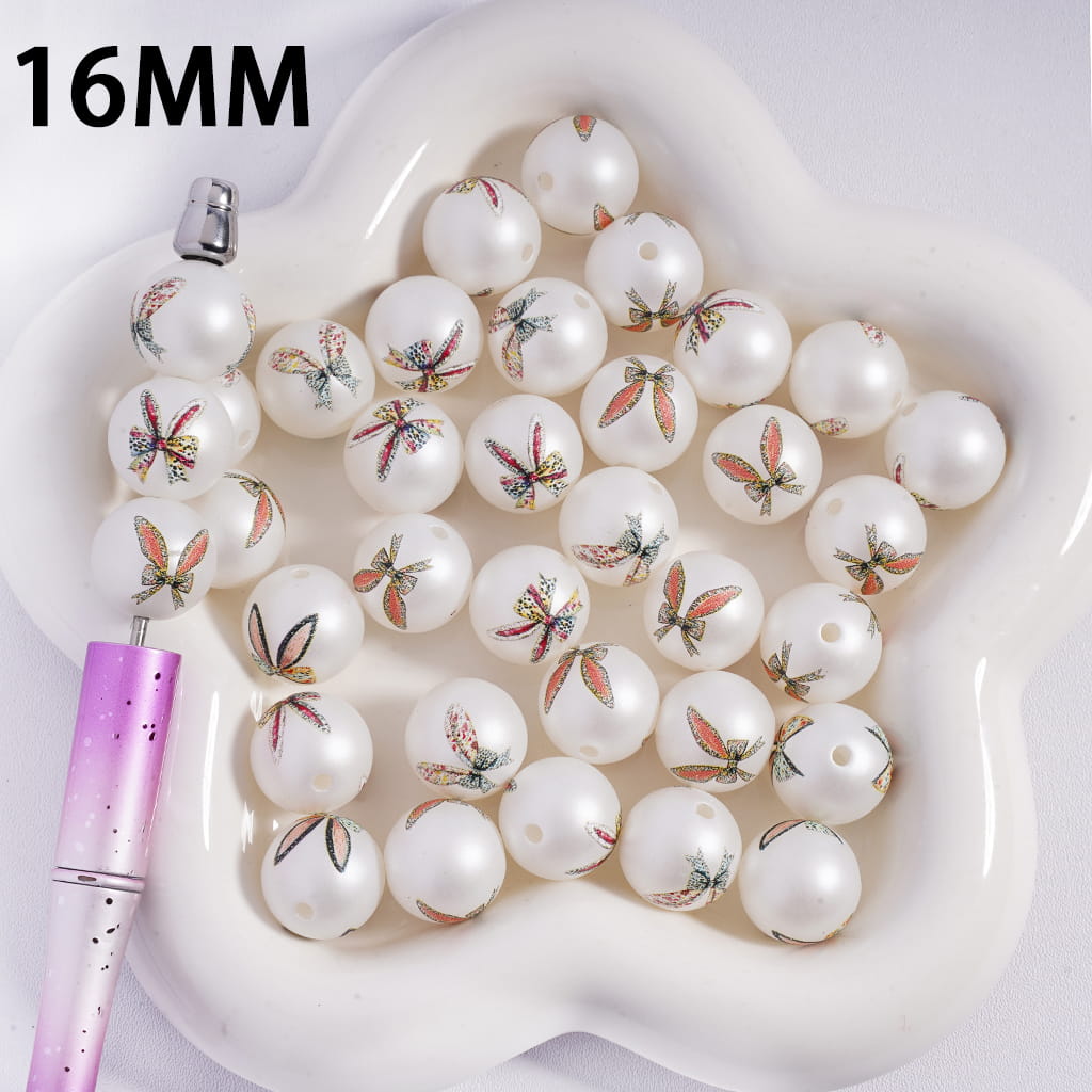 Bunny Ears Bowtie Easter Series Print Round Acrylic Beads for Bracelets 16MM, Random Mix
