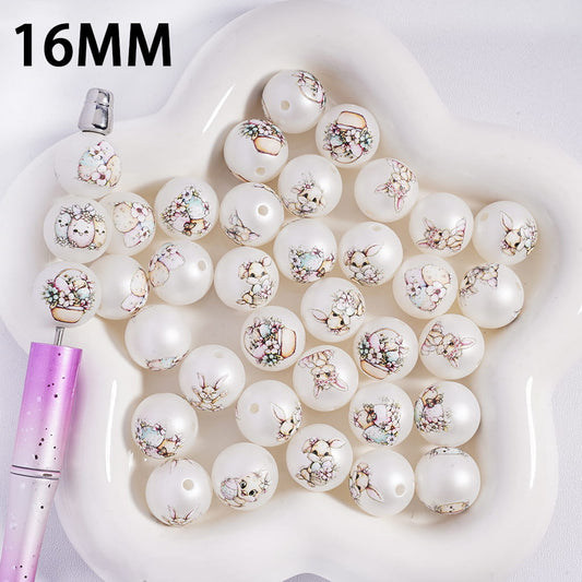 Bunny & Egg & Flower Basket Spring Easter Series Print Round Acrylic Beads for Bracelets 16MM, Random Mix