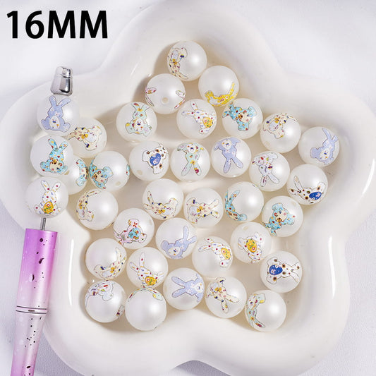 Adorable Rabbit Shape Hug Egg Easter Theme Print Round Acrylic Beads for Bracelets 16MM, Random Mix