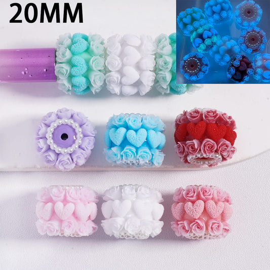 Luminous Rose Flower & Heart with Pearl Chain Accents Valentine’s Day Theme Acrylic Beads 20 MM