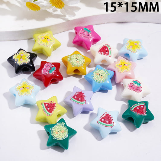 Cute Fruit & Cartoon Smiley Face Print Colorful Star Shape Acrylic Beads 15*15MM, Random Mix