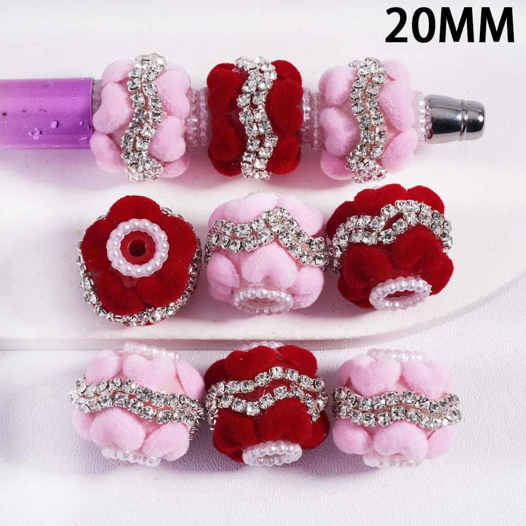 Pink & Red Romantic Heart Double Wavy Clear Rhinestone and White Pearl Chains, Valentine’s Day Theme Round Acrylic Beads