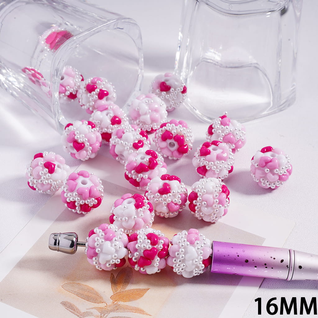Valentine's Day Round Acrylic Beads with Colorful Hearts and White Pearls 16mm