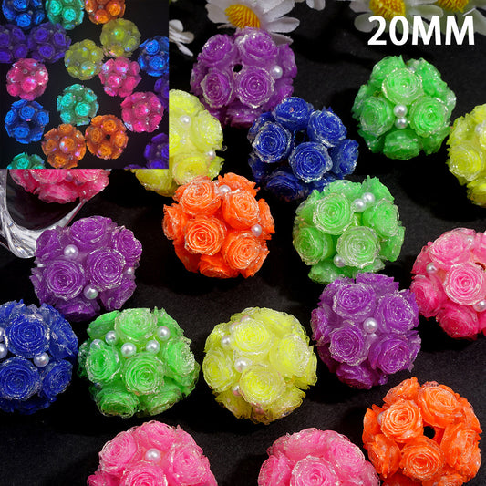 Silver Edged Luminous Rose Flowers with White Pearls, Fluorescent Colors Clay Beads, Random Mix