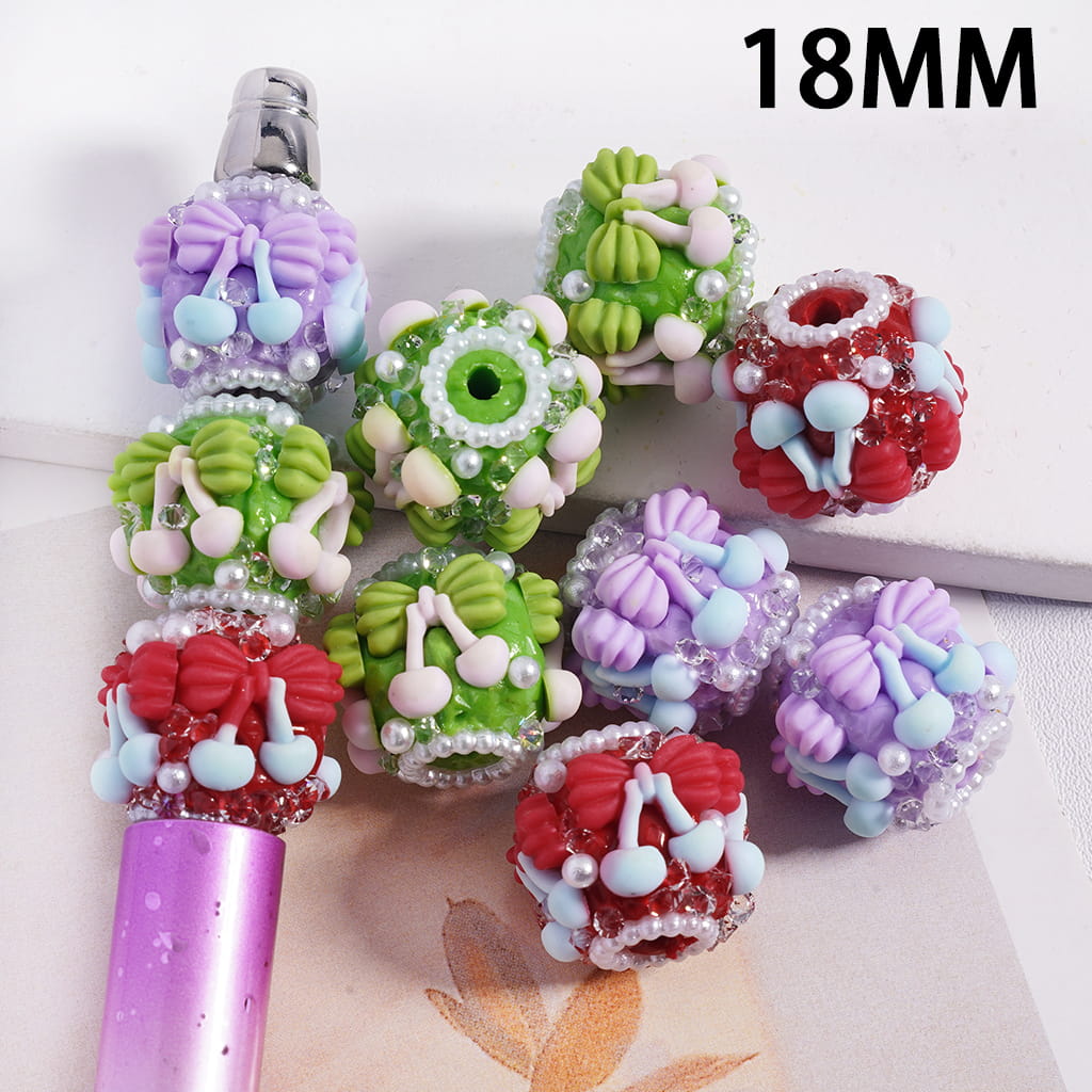 Bowtie & Cherry Party Mix with Sparkling Pearls & Rhinestones Candy‑Style Round Clay Beads 18MM, Random Mix