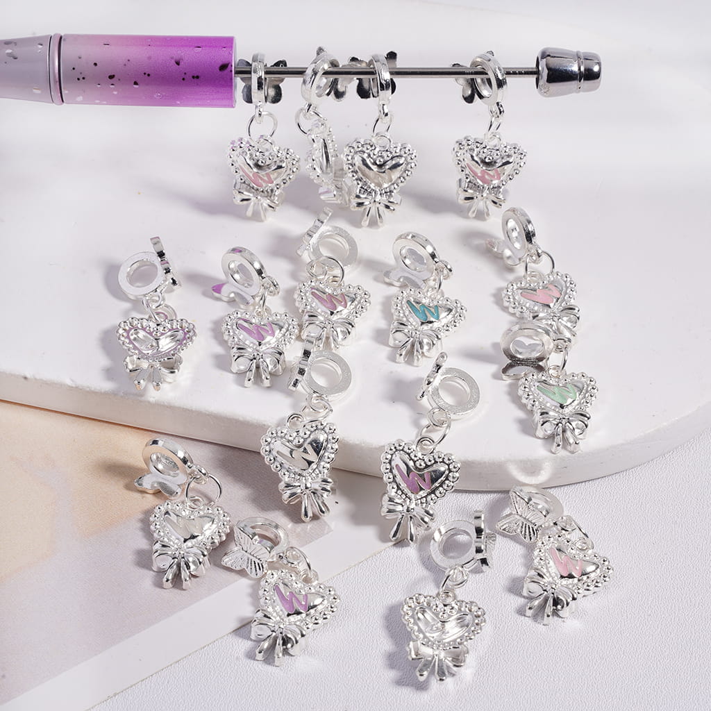 Silver Butterfly Bail Beads with Glitter “W” Stripe Heart & Bowtie Charms Random Mix