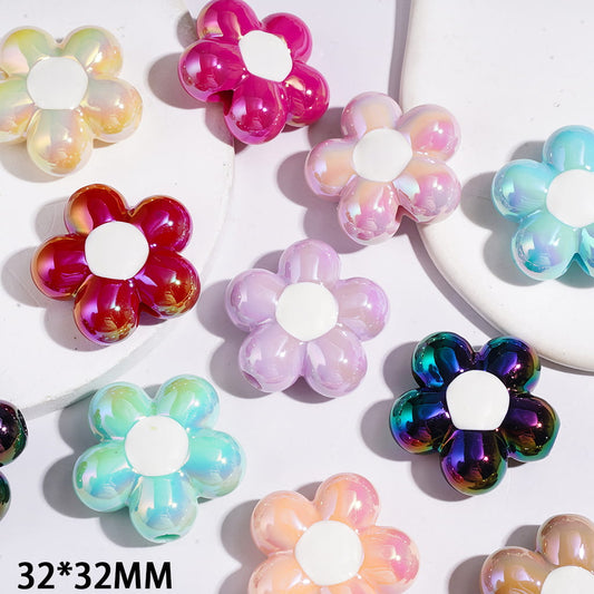 UV-Coated Adorable Five-Petal Flower Shape Big Hole Acrylic Beads, 32*32MM, Assorted Colors, Random Mix( The Bead Hole Diameter is Around 5MM)