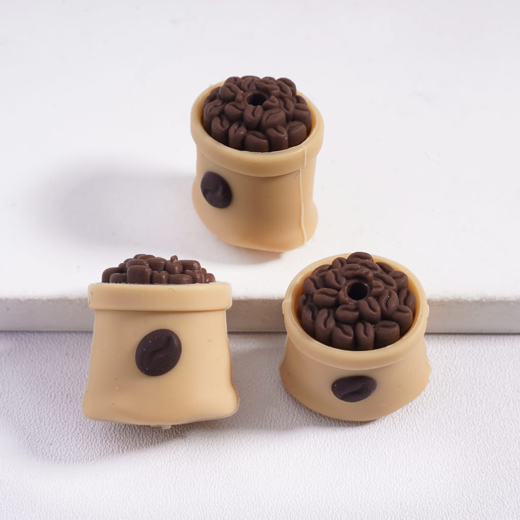 3D Coffee Themed Bean Bag & Straw Cup White & Light Khaki Silicone Focal Beads