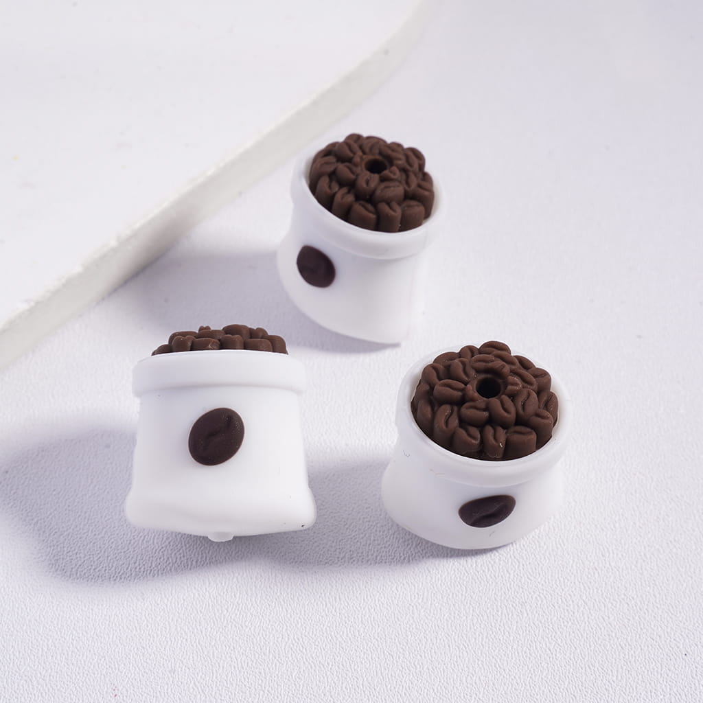 3D Coffee Themed Bean Bag & Straw Cup White & Light Khaki Silicone Focal Beads
