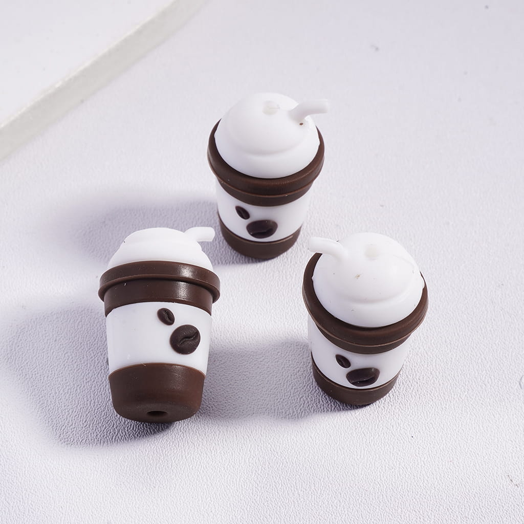 3D Coffee Themed Bean Bag & Straw Cup White & Light Khaki Silicone Focal Beads