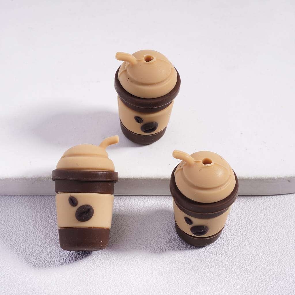 3D Coffee Themed Bean Bag & Straw Cup White & Light Khaki Silicone Focal Beads