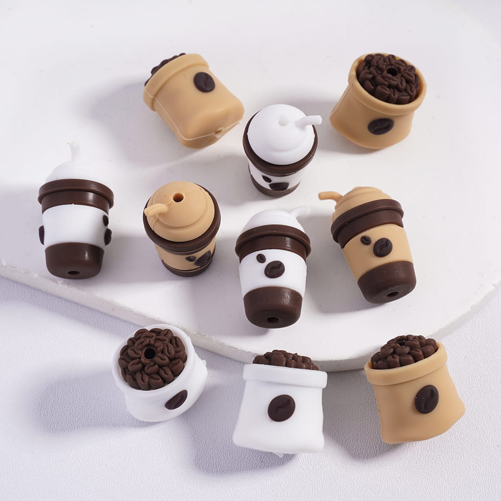 3D Coffee Themed Bean Bag & Straw Cup White & Light Khaki Silicone Focal Beads