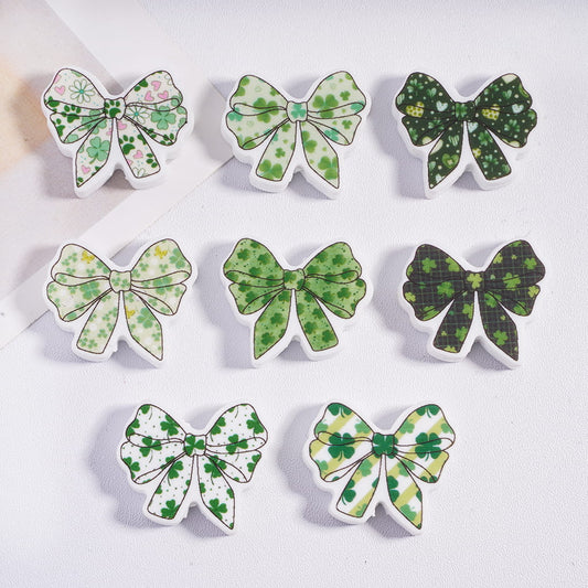 Green Bowtie & Lucky Four‑Leaf Clover Bowtie Saint Patrick’s Day Silicone Focal Beads Random Mix