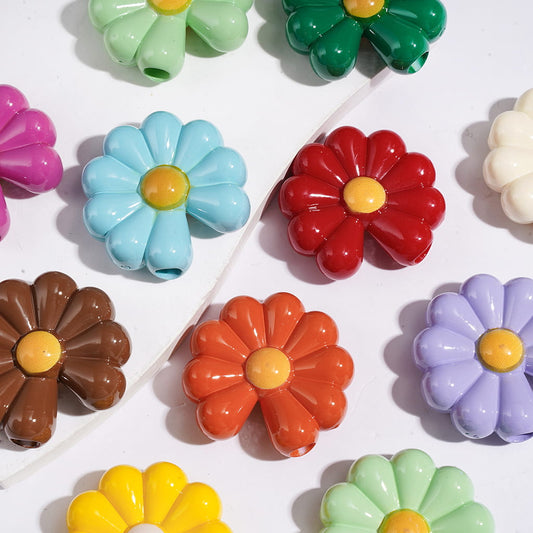 Adorable Vibrant Color Daisy Flower Shape Big Hole Acrylic Beads, 30*33MM, Solid Colors, Random Mix (The Bead Hole Diameter is Around 5MM)