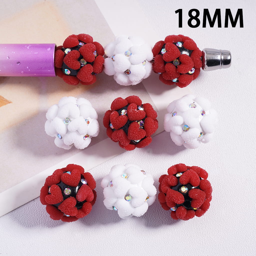 Red & White Frosted Hearts Valentine's Day Theme AB Rhinestone Clay Beads18MM