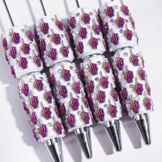 Spooky Purple Skull Hand Design with Sparkling AB Rhinestone Halloween Theme Beadable Clay Pens