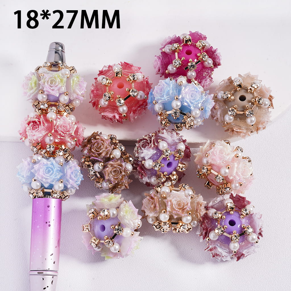 Ombre Color Glittery Rose Flowers with White Pearls, & Gold Chains Acrylic Beads 18*27mm
