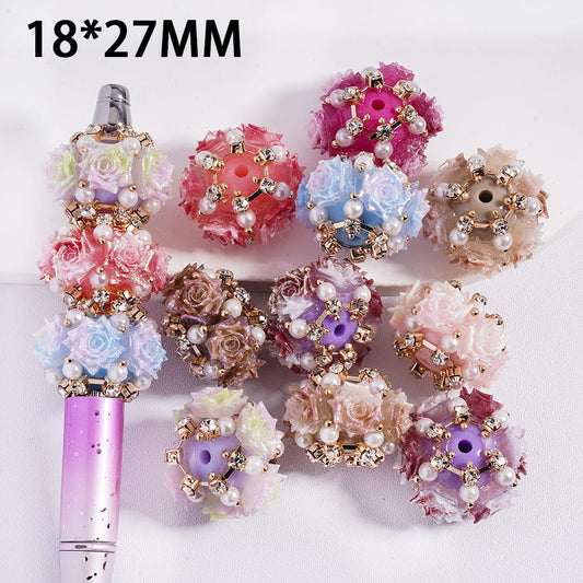 Ombre Color Glittery Rose Flowers with White Pearls, & Gold Chains Acrylic Beads 18*27mm