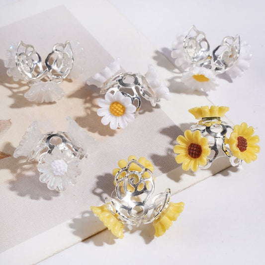Daisy Flower Design Handmade Alloy Bead Cap Cages, Multi-Color (They Fit 14MM Beads)