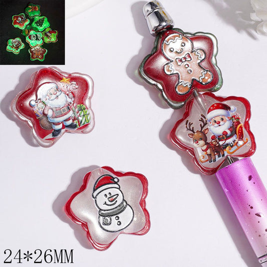 Luminous Christmas Character Santa Claus, Snowman, Tree, Reindeer, Gingerbread Man, Stocking Bell Print Wavy Edged Star Shape Acrylic Beads, 24*26MM, Multi-Color Random Mix