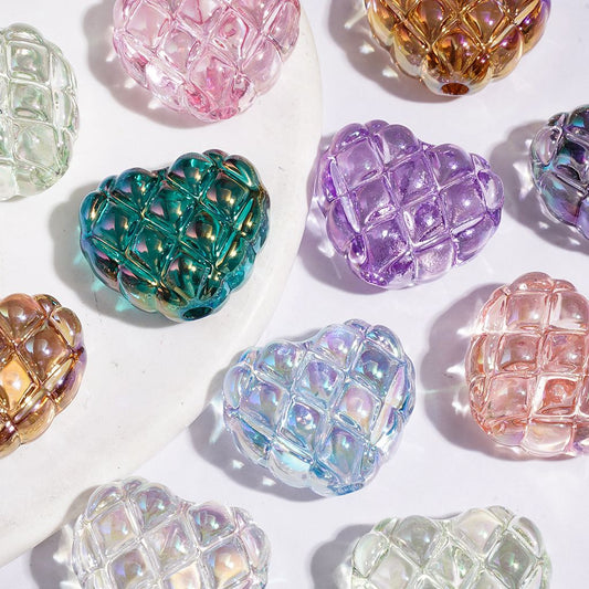 UV Coated Diamond Pattern Heart Shape Semi-Clear Acrylic Beads, 17*20MM, Multi-Color Random Mix