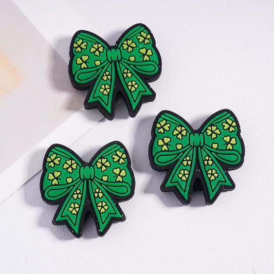 Green Bowtie, Silver Glitter & Four‑Leaf Clover Saint Patrick’s Day Silicone Focal Beads