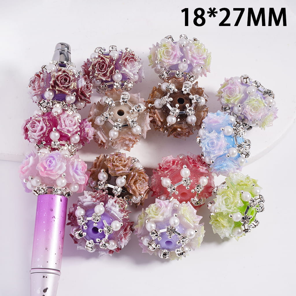 Ombre Color Glittery Rose Flowers with White Pearls, & Gold Chains Acrylic Beads 18*27mm