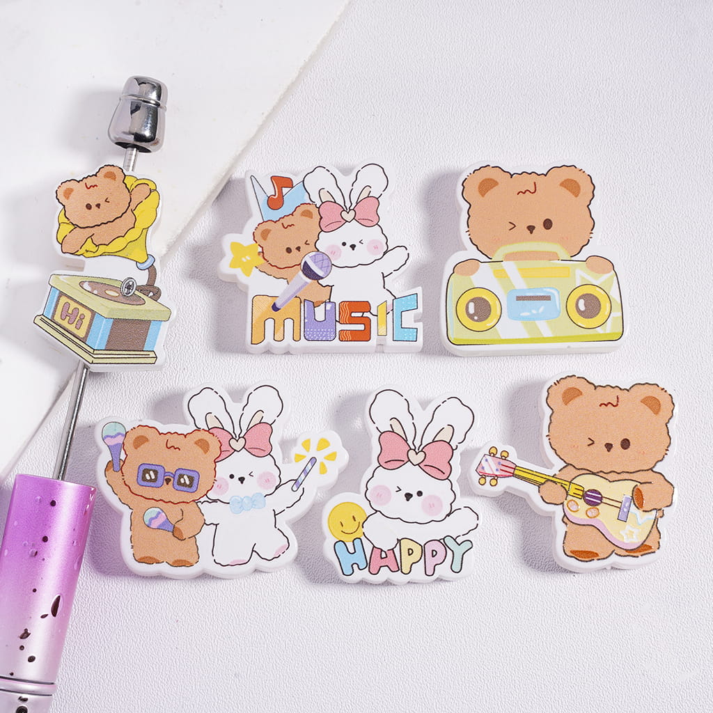Cute Music Instruments Bear and Bunny in Various Shapes & Designs Acrylic Beads Random Mix