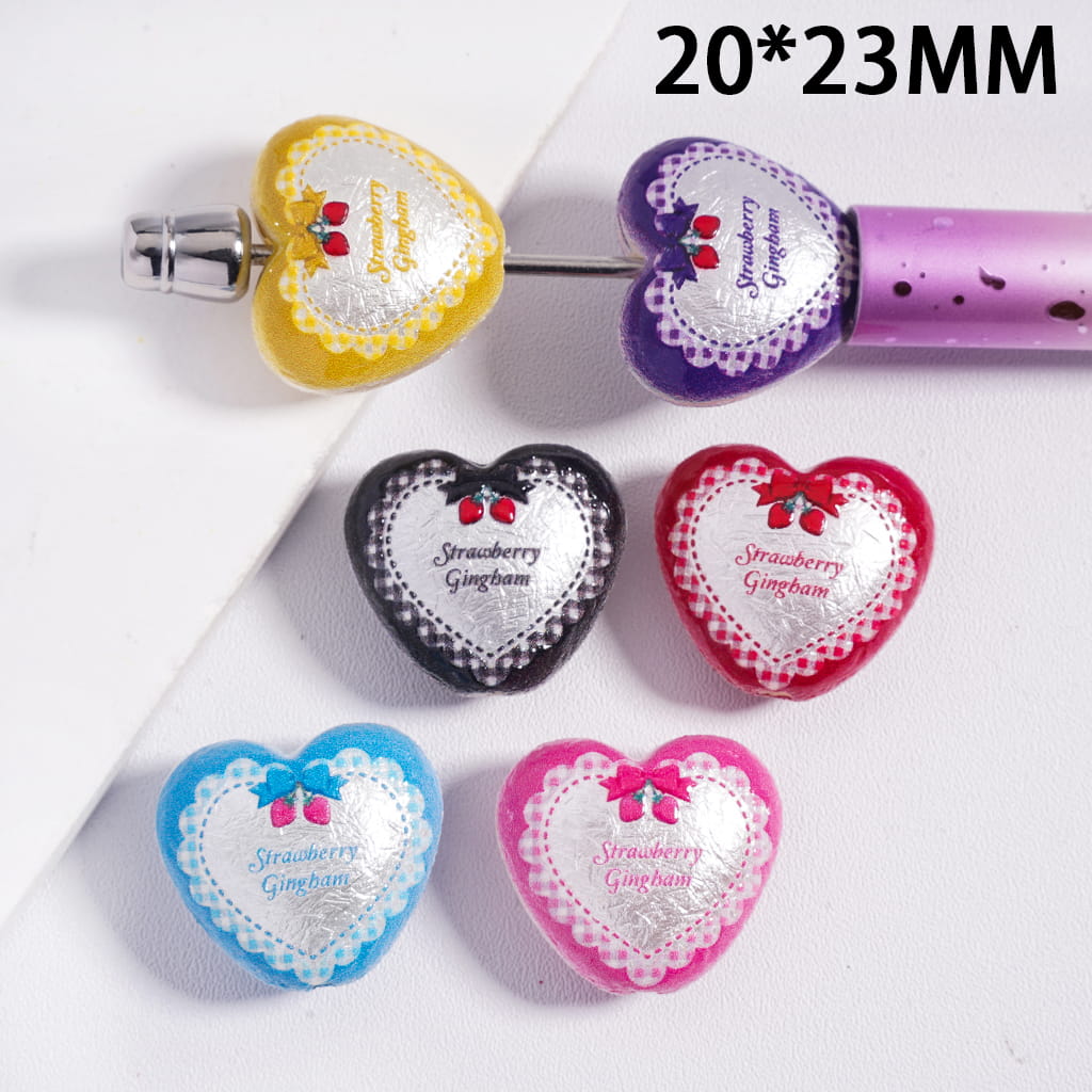 Heart Shape Multi-Color Acrylic Beads with Text "Strawberry Gingham", 20*23MM Random Mix