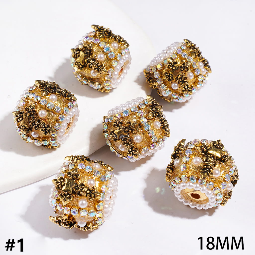 Handmade Acrylic Beads with Cross and Half-Shell White Pearl, AB Rhinestone and White Pearl Chains, 18MM Gold and Gun Black