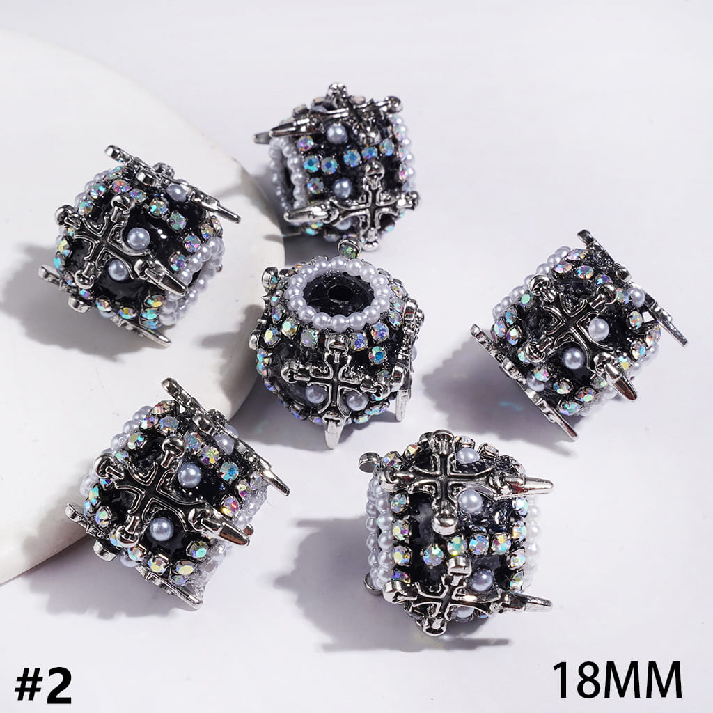Handmade Acrylic Beads with Cross and Half-Shell White Pearl, AB Rhinestone and White Pearl Chains, 18MM Gold and Gun Black