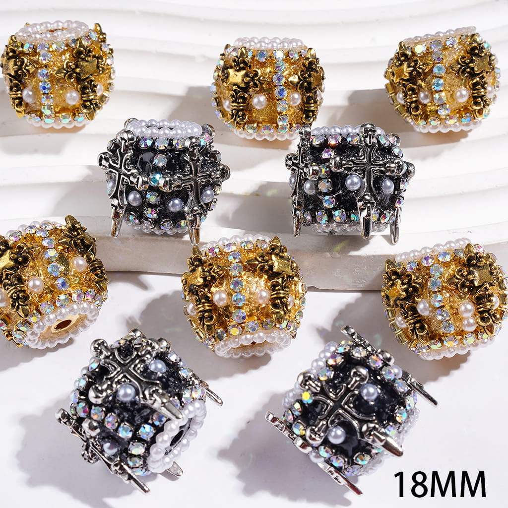 Handmade Acrylic Beads with Cross and Half-Shell White Pearl, AB Rhinestone and White Pearl Chains, 18MM Gold and Gun Black