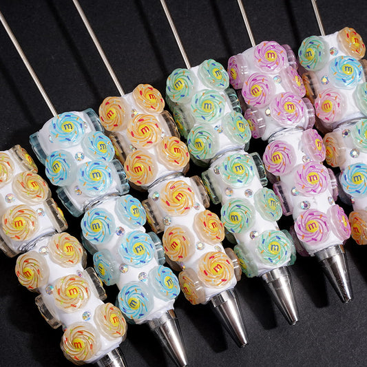 Adorable Swirl Lollipop with Candy Chip, Sprinkle & Sparkling AB Rhinestones Beadable Clay Pen, Multi-Color
